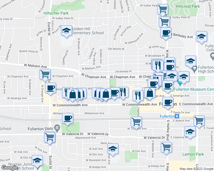 map of restaurants, bars, coffee shops, grocery stores, and more near 317 North Richman Avenue in Fullerton