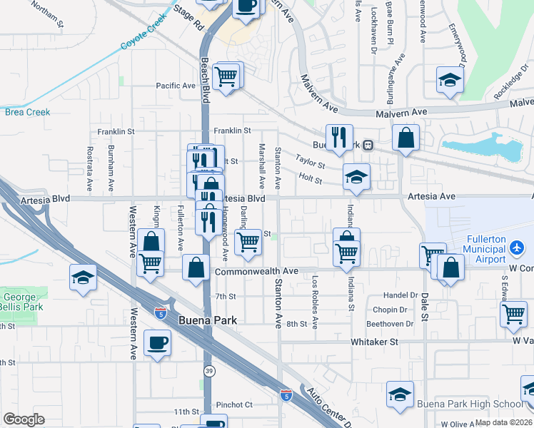 map of restaurants, bars, coffee shops, grocery stores, and more near 6032 Marshall Avenue in Buena Park