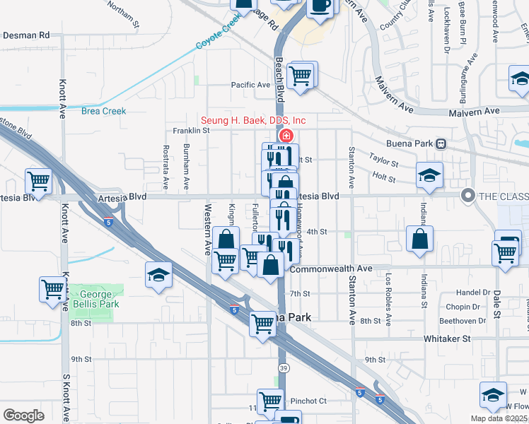 map of restaurants, bars, coffee shops, grocery stores, and more near 6042 Fullerton Avenue in Buena Park