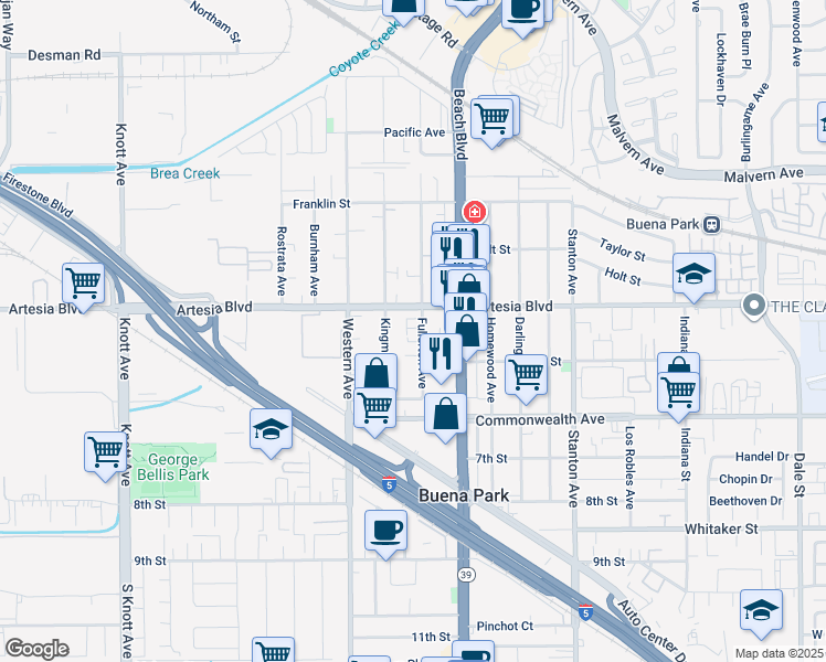 map of restaurants, bars, coffee shops, grocery stores, and more near 7614 Artesia Boulevard in Buena Park