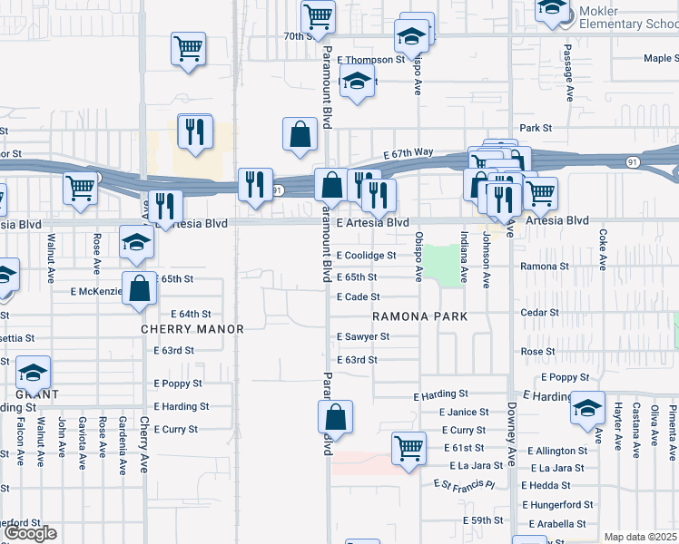 map of restaurants, bars, coffee shops, grocery stores, and more near 2822 East Coolidge Street in Long Beach
