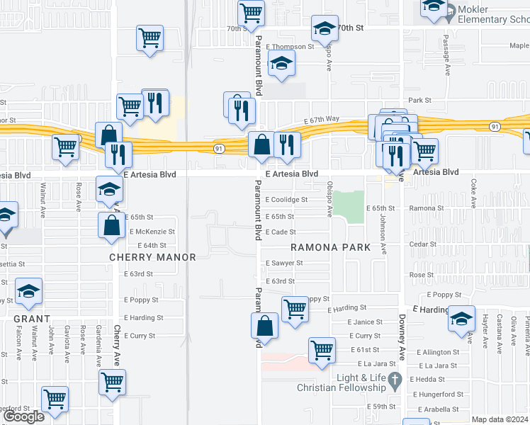 map of restaurants, bars, coffee shops, grocery stores, and more near 2822 East Coolidge Street in Long Beach