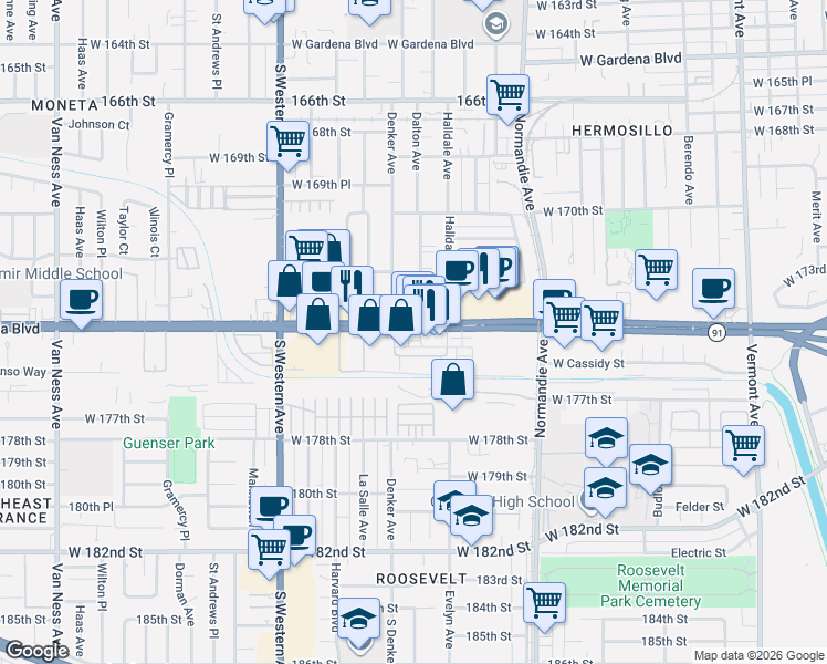 map of restaurants, bars, coffee shops, grocery stores, and more near 8 Artesia Boulevard in Gardena
