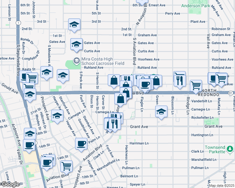 map of restaurants, bars, coffee shops, grocery stores, and more near 1701 Artesia Boulevard in Manhattan Beach