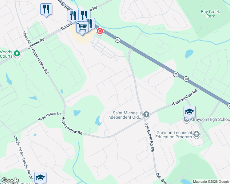 map of restaurants, bars, coffee shops, grocery stores, and more near 3009 Blue Creek Path in Loganville