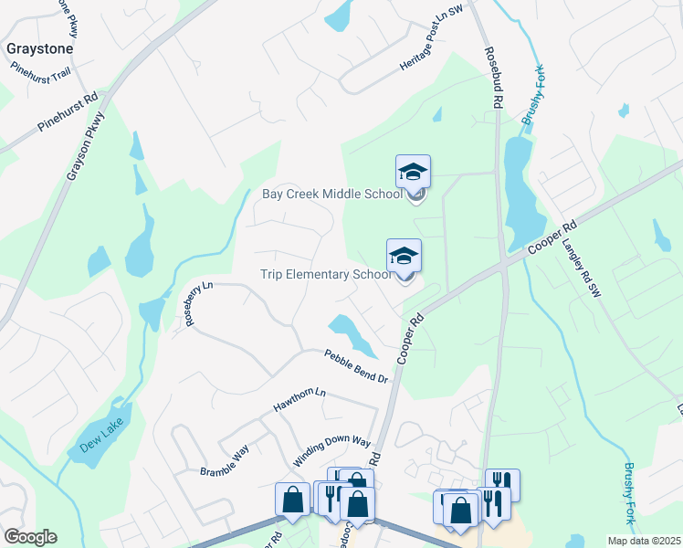 map of restaurants, bars, coffee shops, grocery stores, and more near 2219 Swan Lake Court in Grayson
