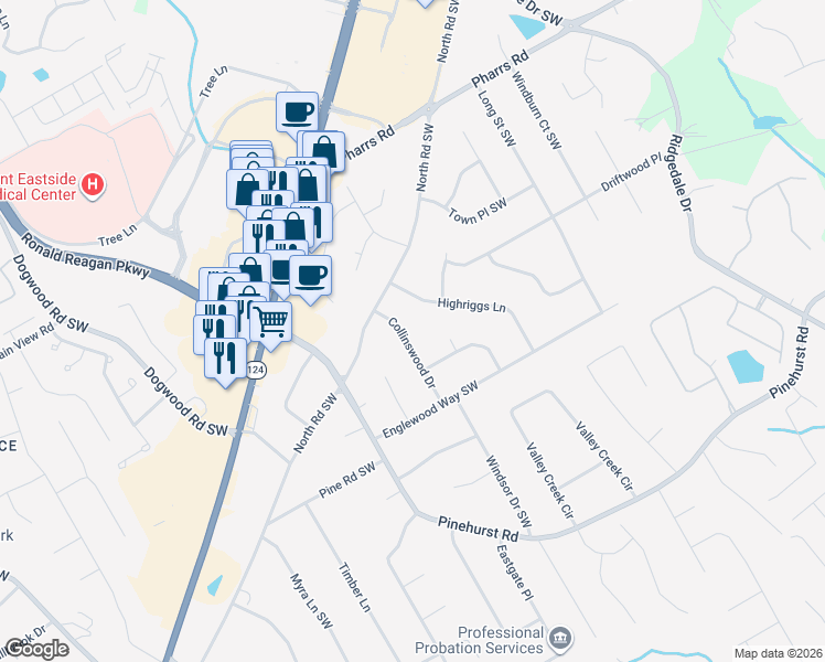 map of restaurants, bars, coffee shops, grocery stores, and more near 1992 Collinswood Drive in Snellville