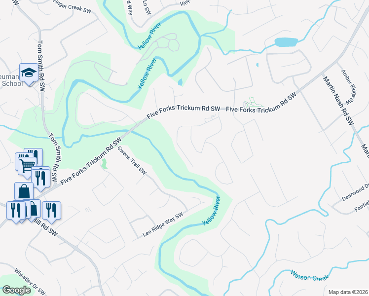 map of restaurants, bars, coffee shops, grocery stores, and more near 3780 Terrasol Trail Southwest in Lilburn