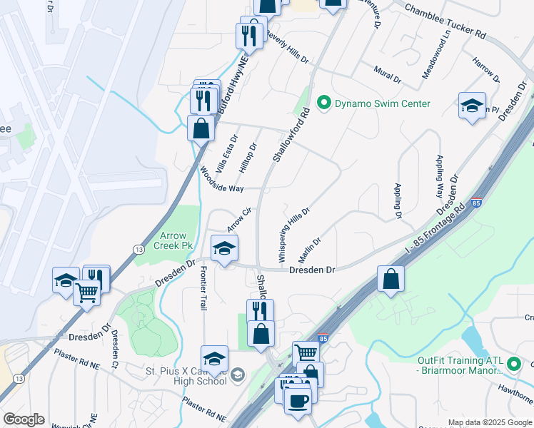 map of restaurants, bars, coffee shops, grocery stores, and more near 2899 Shallowford Road in Chamblee