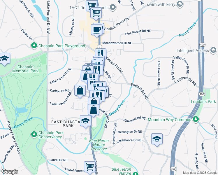 map of restaurants, bars, coffee shops, grocery stores, and more near Wieuca Road Northeast in Atlanta