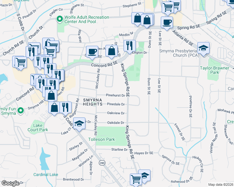 map of restaurants, bars, coffee shops, grocery stores, and more near 1141 Pinehurst Drive in Smyrna