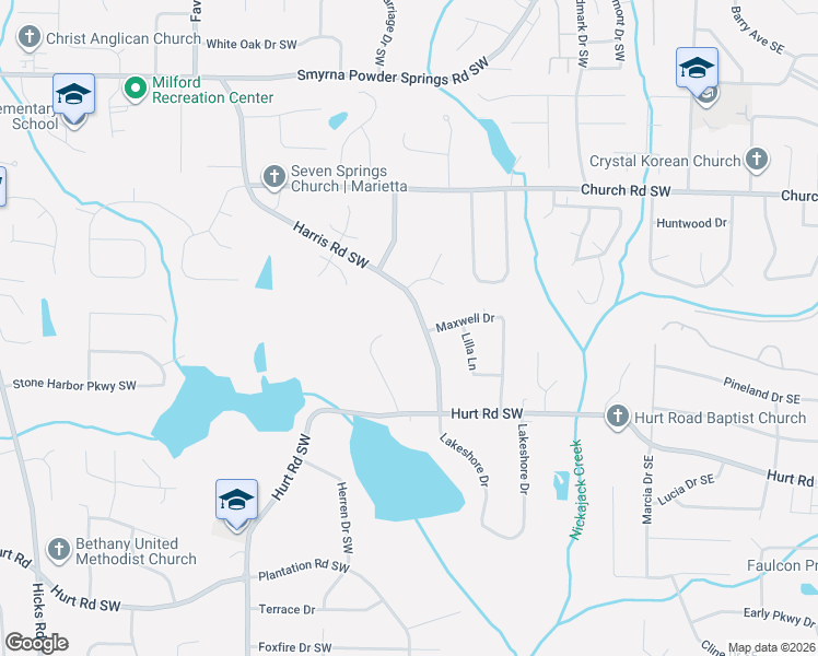 map of restaurants, bars, coffee shops, grocery stores, and more near 3312 Harris Road Southwest in Marietta
