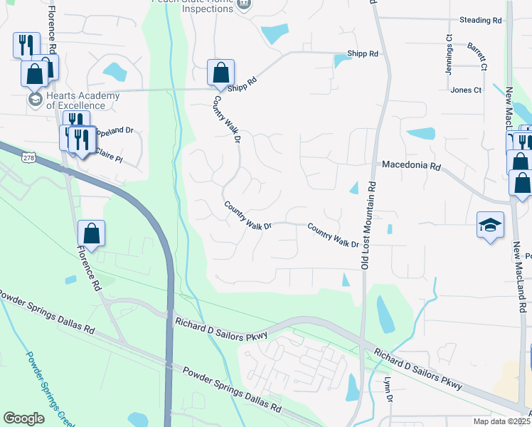 map of restaurants, bars, coffee shops, grocery stores, and more near 4739 Bradford Lane in Powder Springs