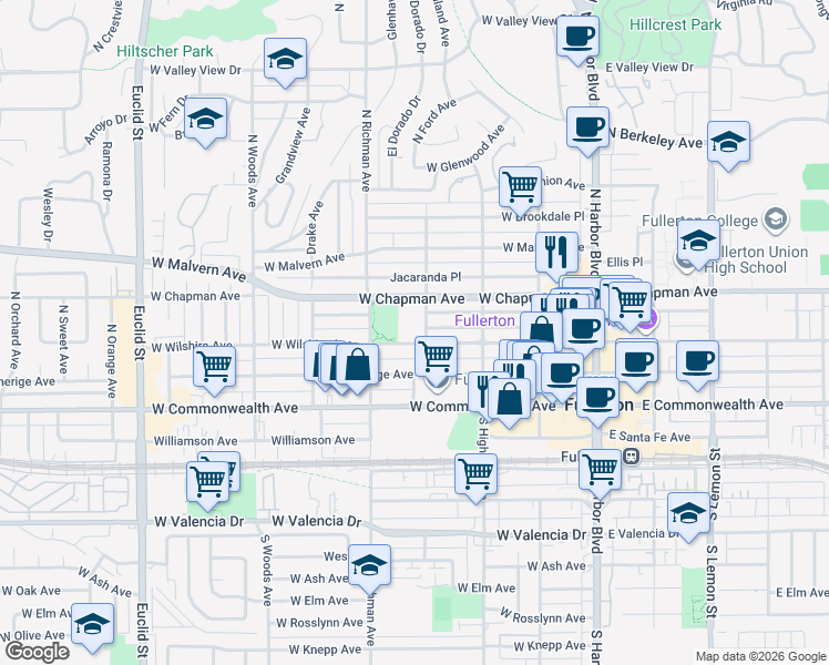 map of restaurants, bars, coffee shops, grocery stores, and more near 301 North Ford Avenue in Fullerton