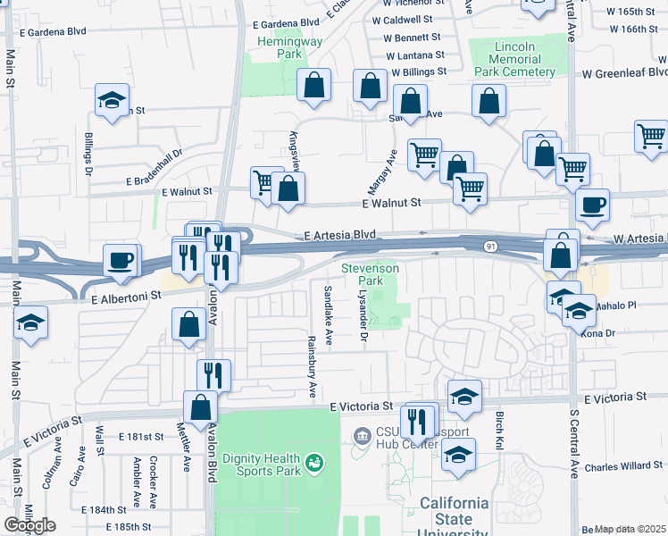 map of restaurants, bars, coffee shops, grocery stores, and more near 17406 Sandlake Avenue in Carson