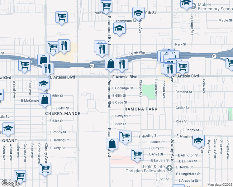 map of restaurants, bars, coffee shops, grocery stores, and more near East 65th Street in Long Beach