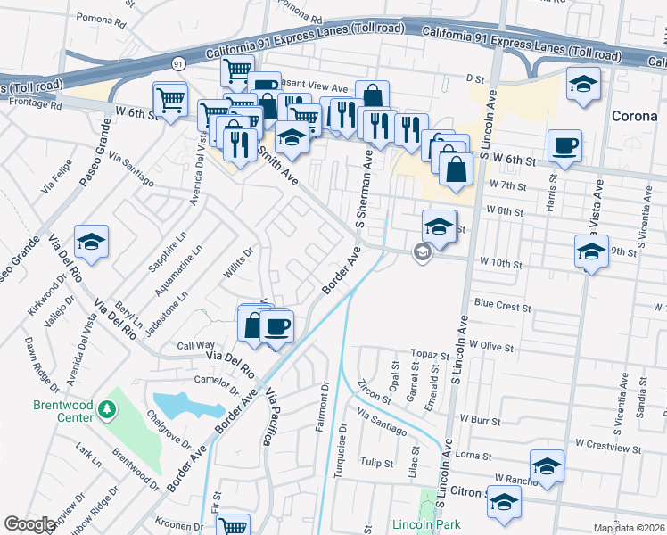 map of restaurants, bars, coffee shops, grocery stores, and more near 1078 Border Avenue in Corona