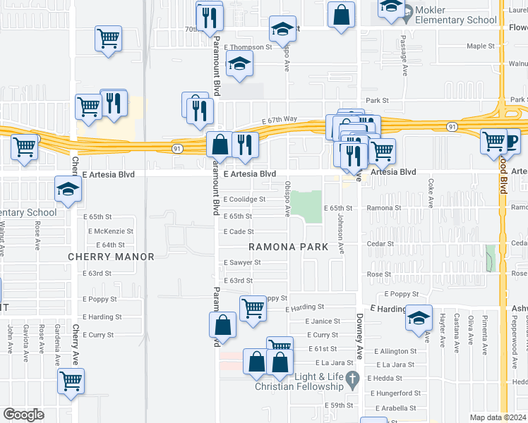 map of restaurants, bars, coffee shops, grocery stores, and more near 3033 East 65th Street in Long Beach
