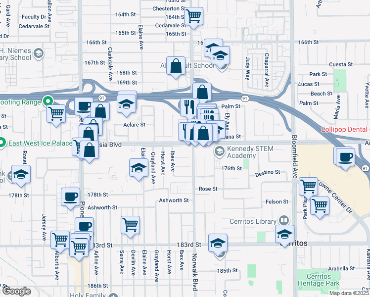 map of restaurants, bars, coffee shops, grocery stores, and more near 17402 Ibex Avenue in Artesia