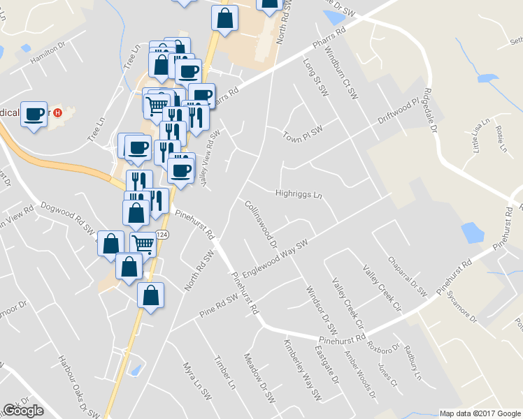 map of restaurants, bars, coffee shops, grocery stores, and more near 1992 Collinswood Drive in Snellville
