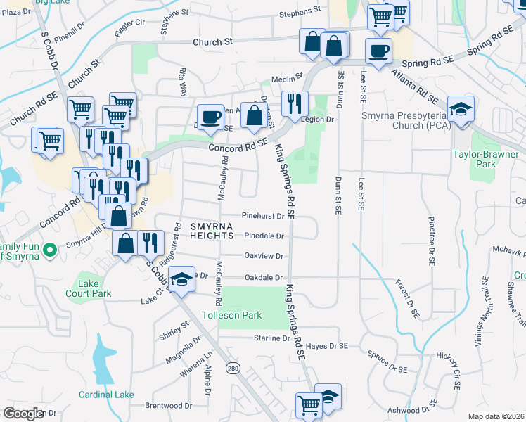map of restaurants, bars, coffee shops, grocery stores, and more near 1141 Pinehurst Drive in Smyrna