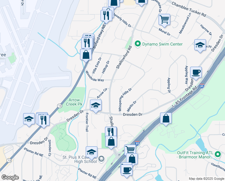 map of restaurants, bars, coffee shops, grocery stores, and more near 2899 Shallowford Road in Chamblee
