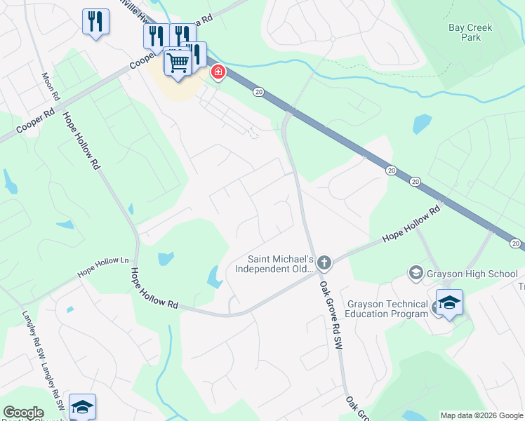 map of restaurants, bars, coffee shops, grocery stores, and more near 3012 Blue Creek Path in Loganville