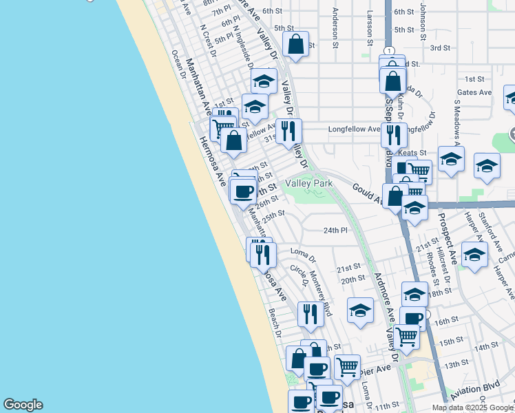 map of restaurants, bars, coffee shops, grocery stores, and more near 26th Street in Hermosa Beach