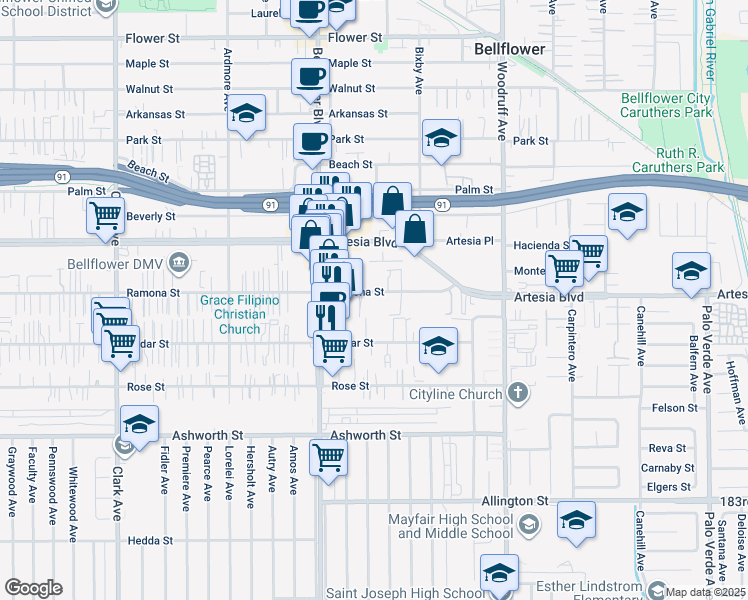map of restaurants, bars, coffee shops, grocery stores, and more near 9900 Ramona Street in Bellflower