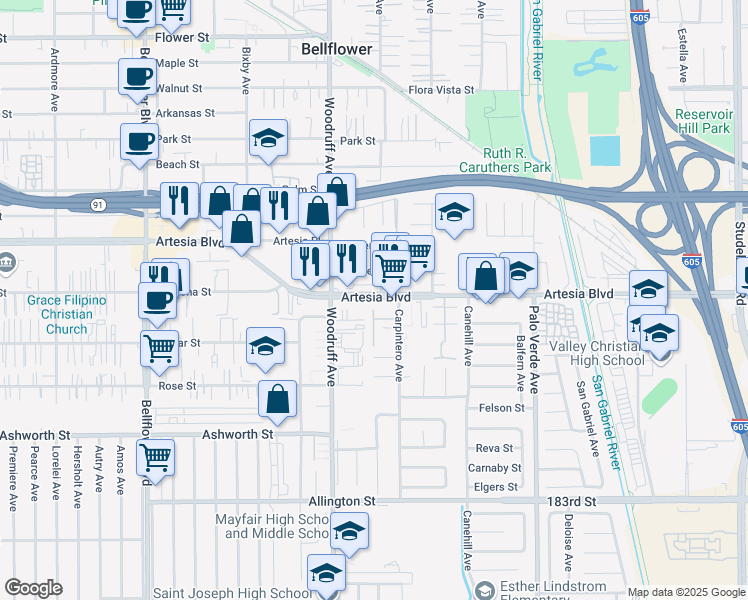 map of restaurants, bars, coffee shops, grocery stores, and more near 10250 Artesia Boulevard in Bellflower
