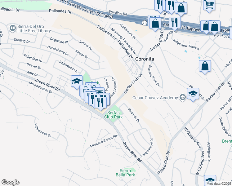 map of restaurants, bars, coffee shops, grocery stores, and more near 1121 Vista Lomas Lane in Corona