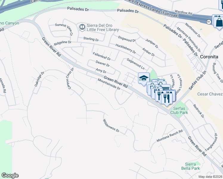 map of restaurants, bars, coffee shops, grocery stores, and more near 1221 Oakcrest Circle in Corona