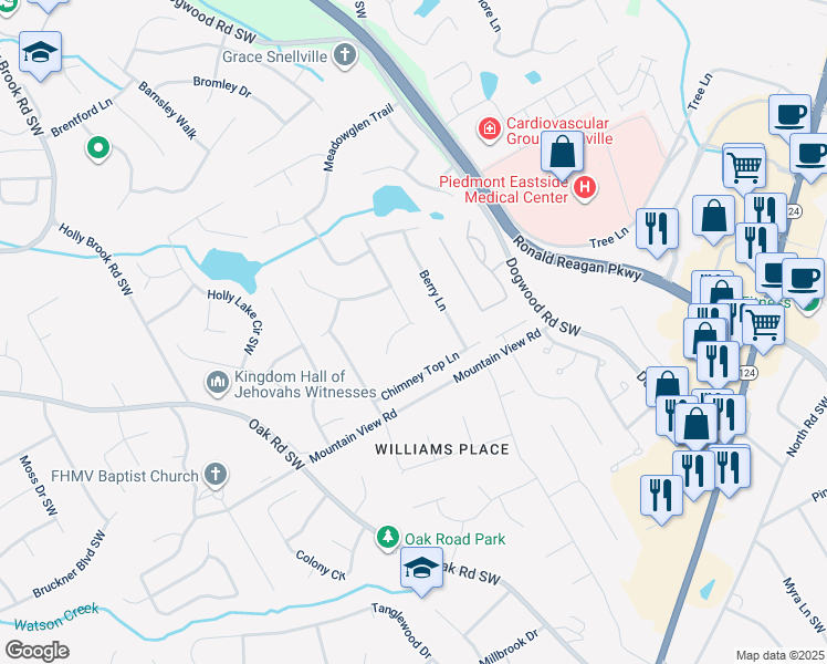 map of restaurants, bars, coffee shops, grocery stores, and more near 1855 Vintage Drive in Snellville