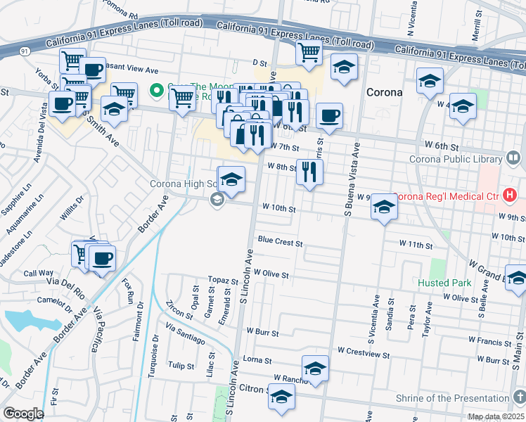map of restaurants, bars, coffee shops, grocery stores, and more near 1068 West 10th Street in Corona