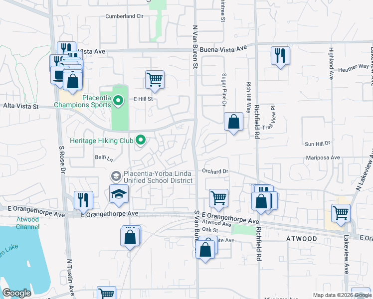 map of restaurants, bars, coffee shops, grocery stores, and more near 376 North Gullotti Place in Placentia