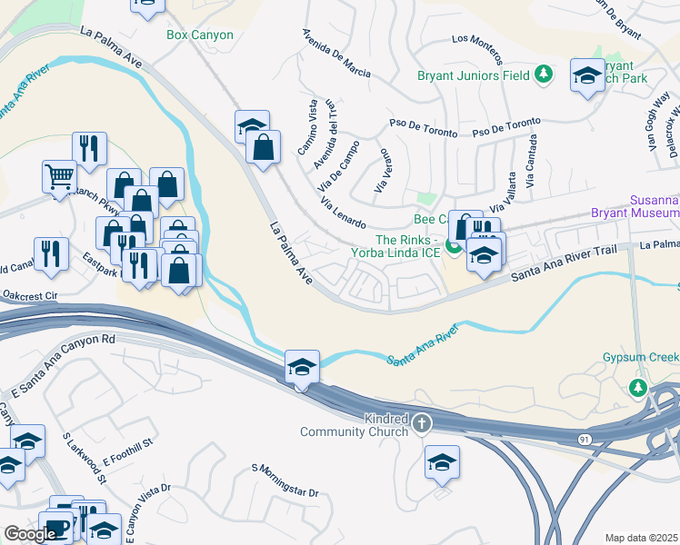 map of restaurants, bars, coffee shops, grocery stores, and more near 6205 Cape Cod Lane in Yorba Linda