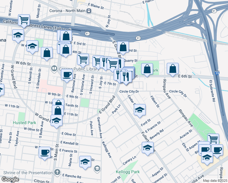 map of restaurants, bars, coffee shops, grocery stores, and more near 722 East Grand Boulevard in Corona