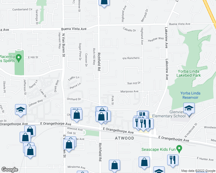 map of restaurants, bars, coffee shops, grocery stores, and more near 17742 Neff Ranch Road in Yorba Linda
