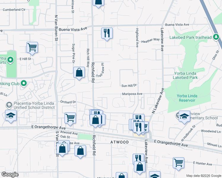 map of restaurants, bars, coffee shops, grocery stores, and more near 17792 Neff Ranch Road in Yorba Linda