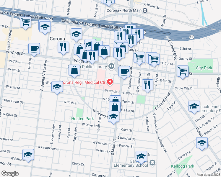 map of restaurants, bars, coffee shops, grocery stores, and more near 800 South Main Street in Corona