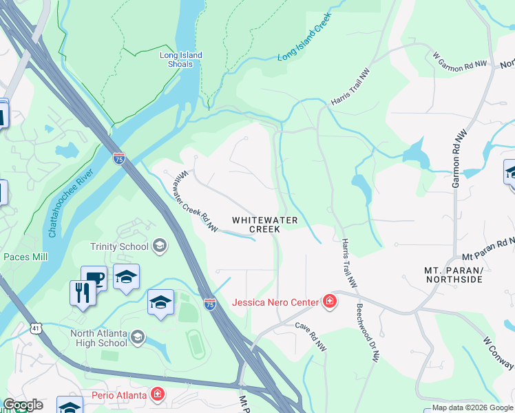 map of restaurants, bars, coffee shops, grocery stores, and more near 4393 Sentinel Post Road Northwest in Atlanta