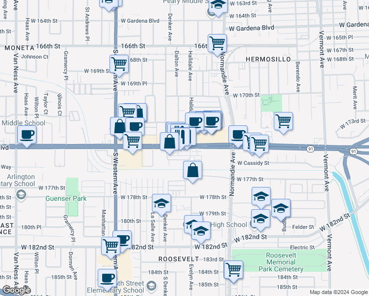 map of restaurants, bars, coffee shops, grocery stores, and more near 1520 West Artesia Boulevard in Gardena