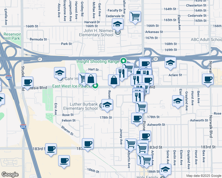 map of restaurants, bars, coffee shops, grocery stores, and more near 11545 Artesia Boulevard in Artesia