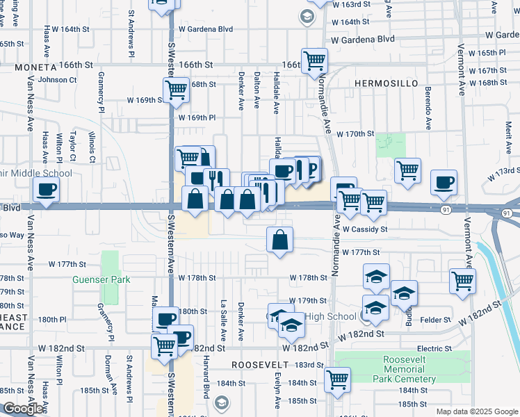 map of restaurants, bars, coffee shops, grocery stores, and more near 1538 West Artesia Boulevard in Gardena