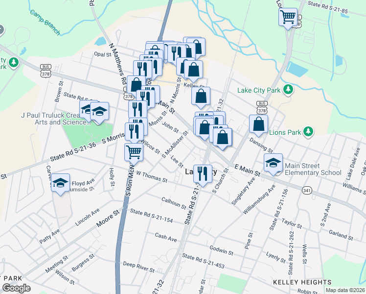 map of restaurants, bars, coffee shops, grocery stores, and more near 125 John Street in Lake City