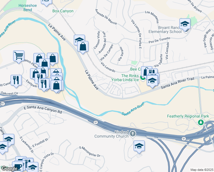 map of restaurants, bars, coffee shops, grocery stores, and more near 6205 Cape Cod Lane in Yorba Linda