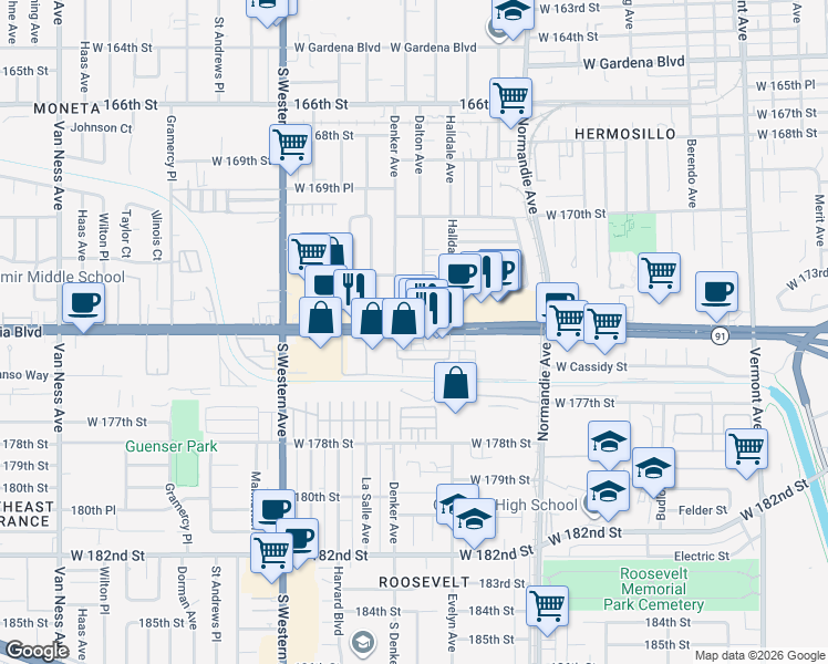 map of restaurants, bars, coffee shops, grocery stores, and more near 1560 Artesia Boulevard in Gardena