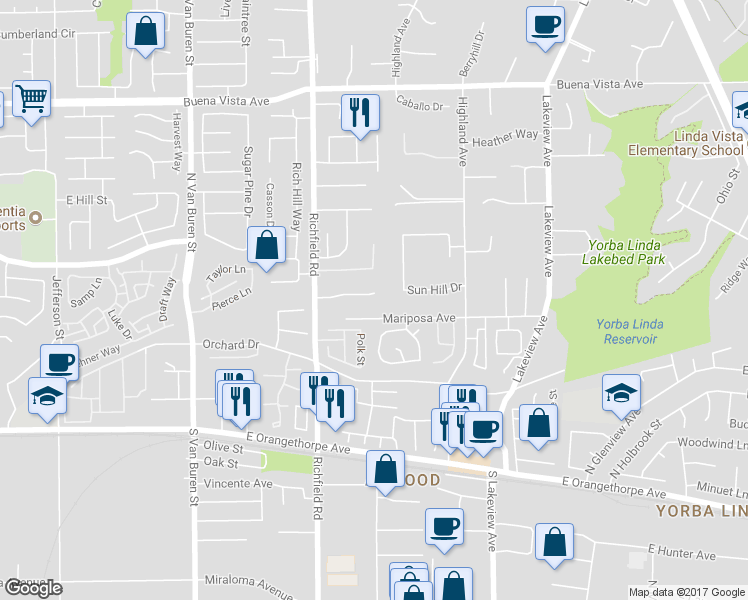 map of restaurants, bars, coffee shops, grocery stores, and more near 17792 Neff Ranch Road in Yorba Linda