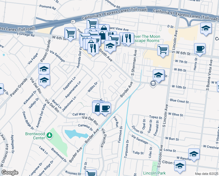 map of restaurants, bars, coffee shops, grocery stores, and more near 1366 Thornwood Square in Corona