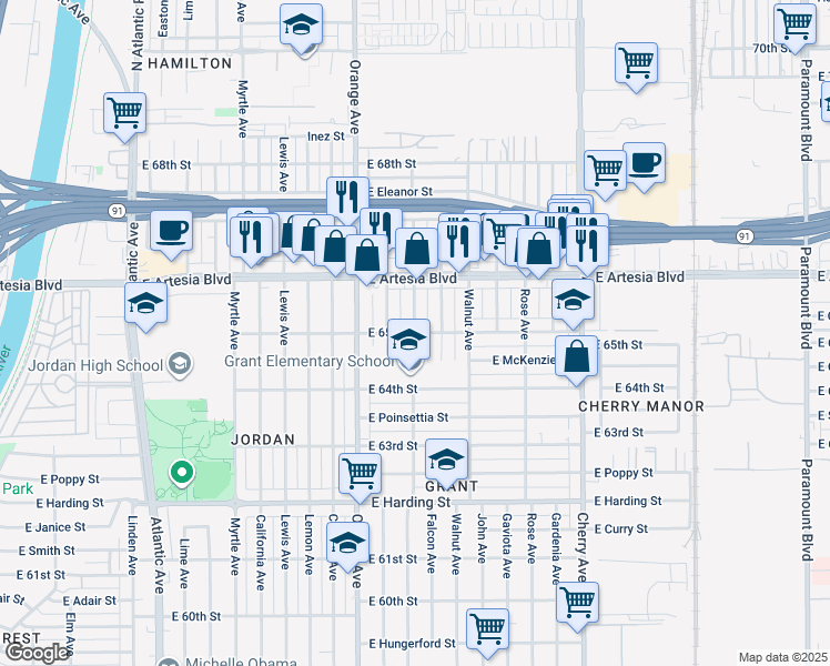 map of restaurants, bars, coffee shops, grocery stores, and more near East 65th Street in Long Beach